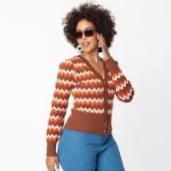 Unique Vintage retro brown chevron 1970s style cardigan - Picture 1 of 7